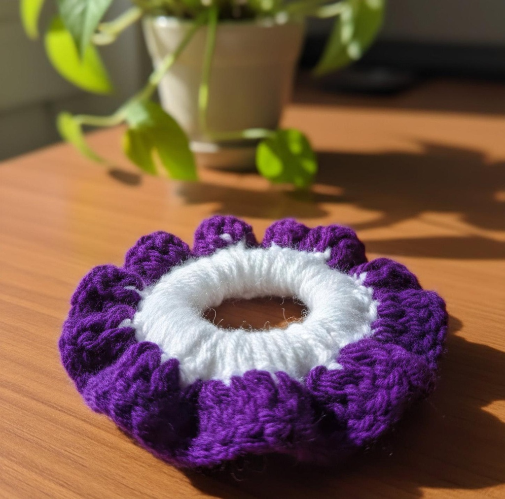 Handmade Crochet Hair Scrunchie – Purple & White Soft Knit Elastic | Gentle, Stretchable & Stylish