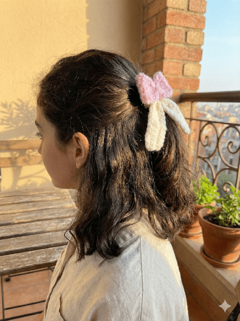 Handmade Pink & off White Crochet Bow Hanging | Cute Woolen Charm for Bags & Keys