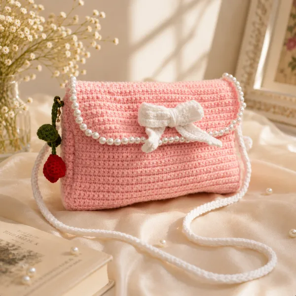 Handmade Crochet Pearl Bow Sling Bag