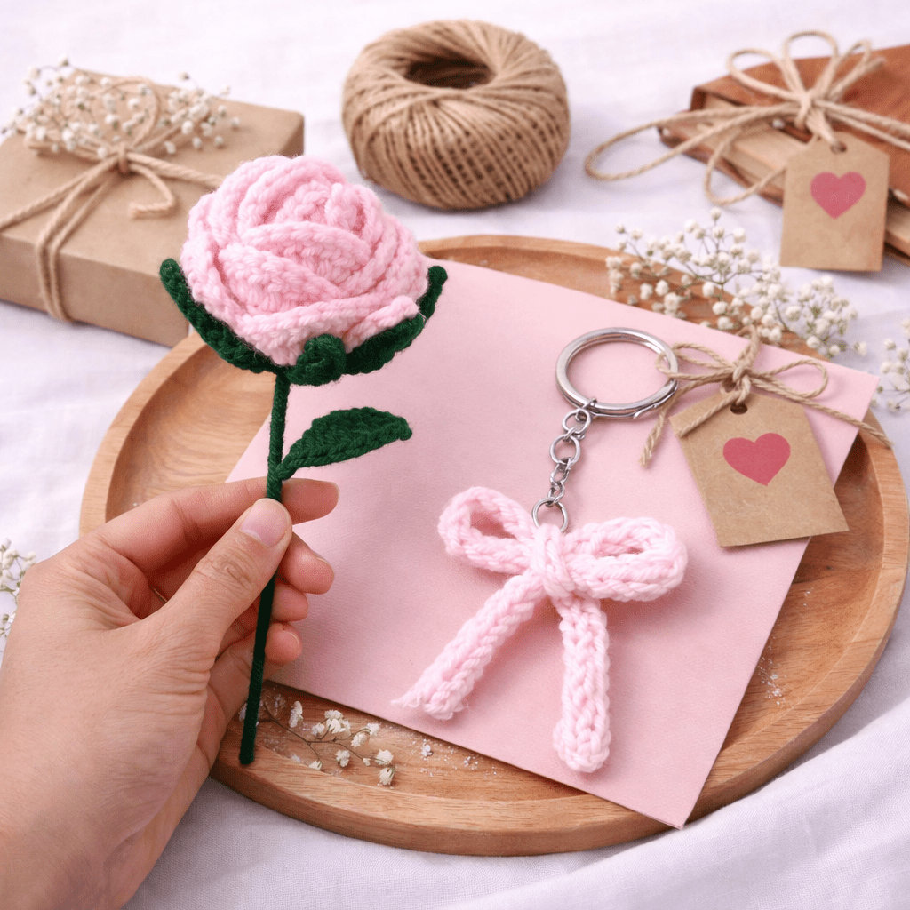 Handmade Crochet Rose with Bow Keychain Combo | Light Pink Aesthetic Gift Set
