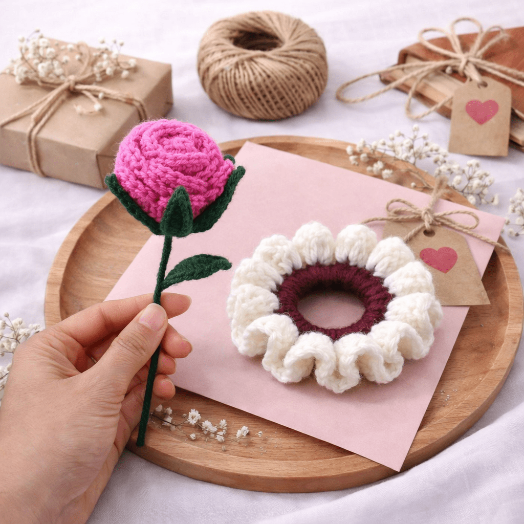 Handmade Crochet Rose & Scrunchie Combo | Dark Pink Flower with White Hair Scrunchie Gift Set